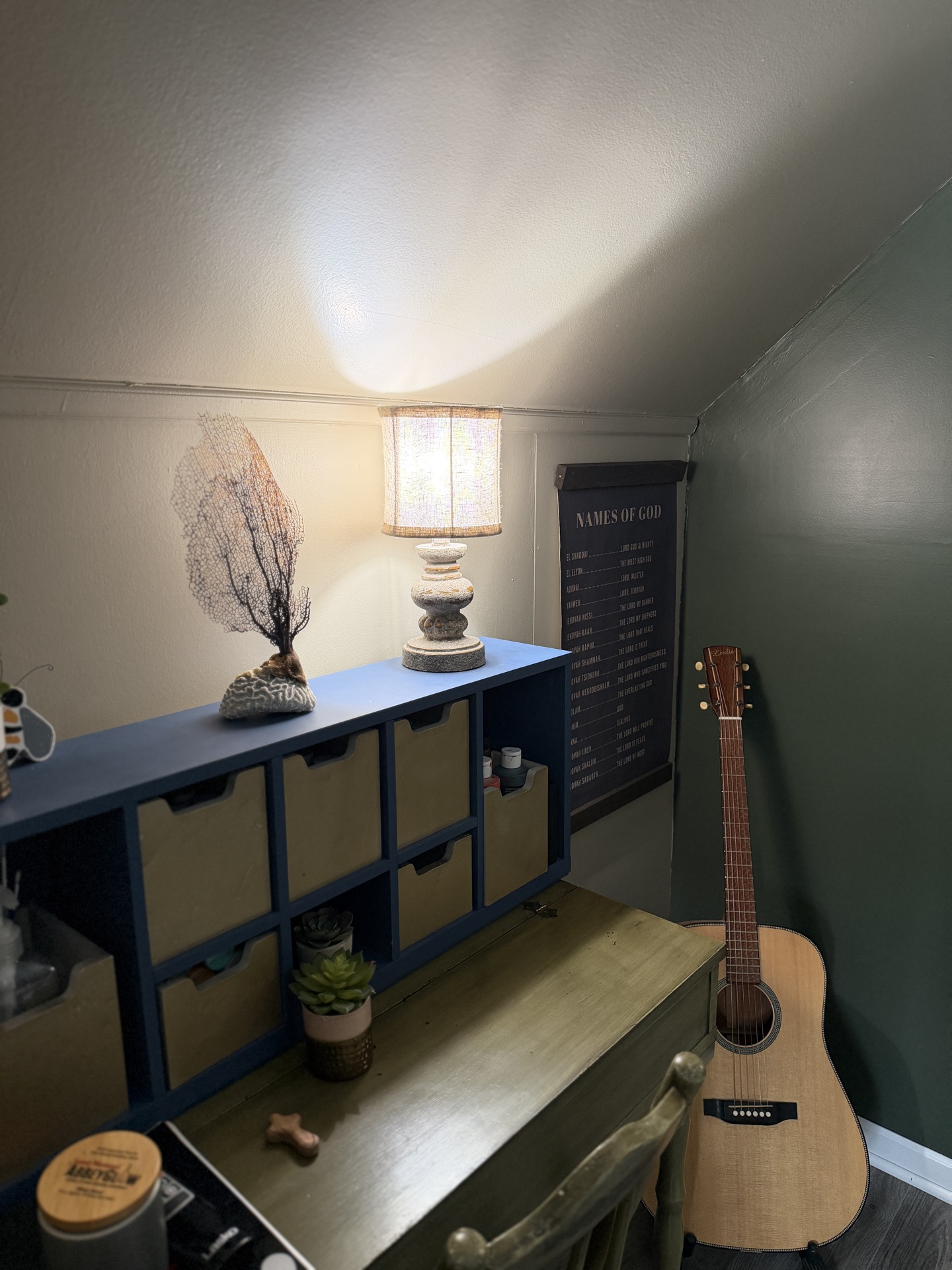 Faith-inspired decor with warm lighting